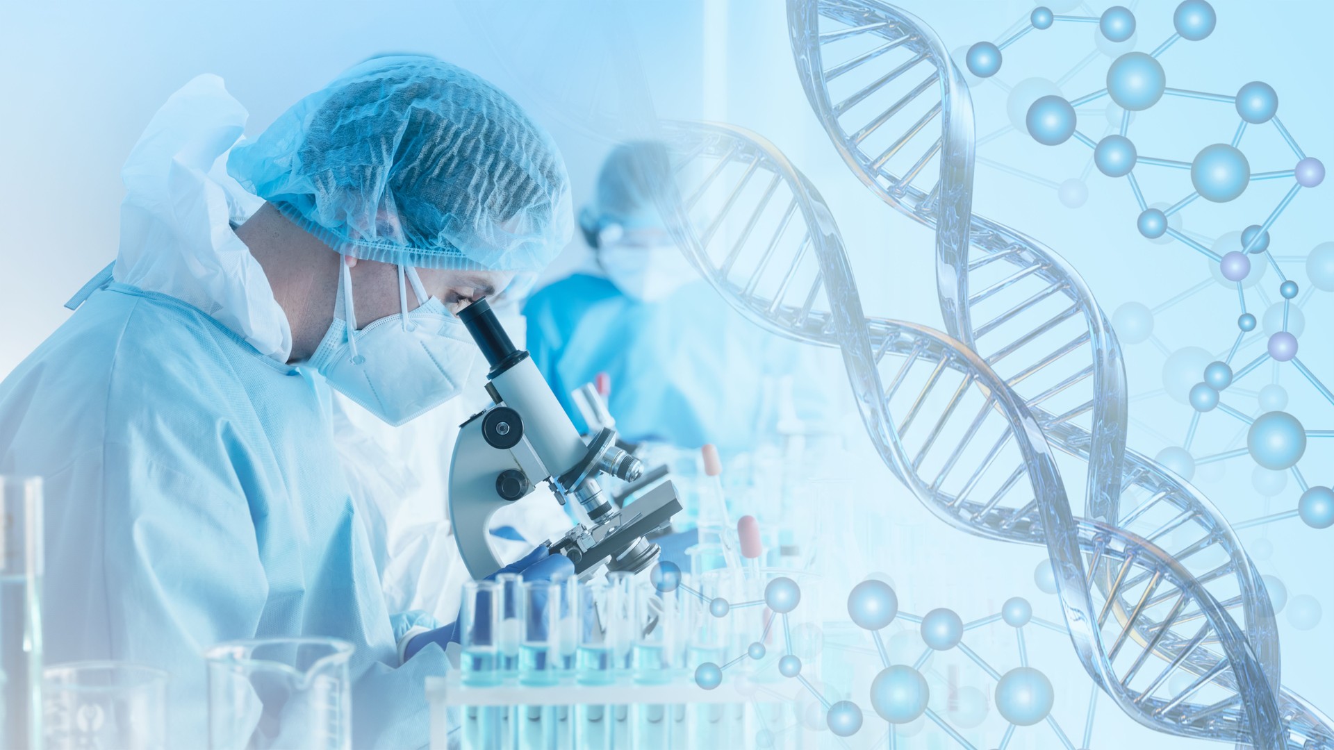 scientist or reseacher using microscope in biotechnology laboratory  overlay with DNA strand and molecules symbol