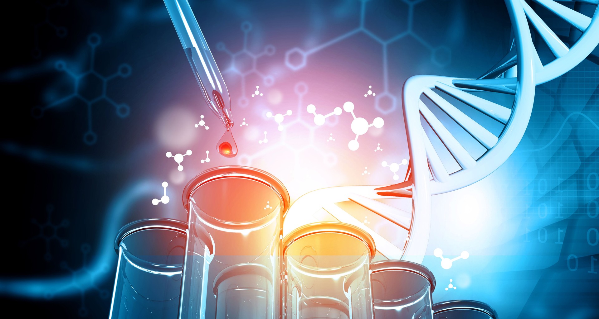 DNA with test tubes on scientific background