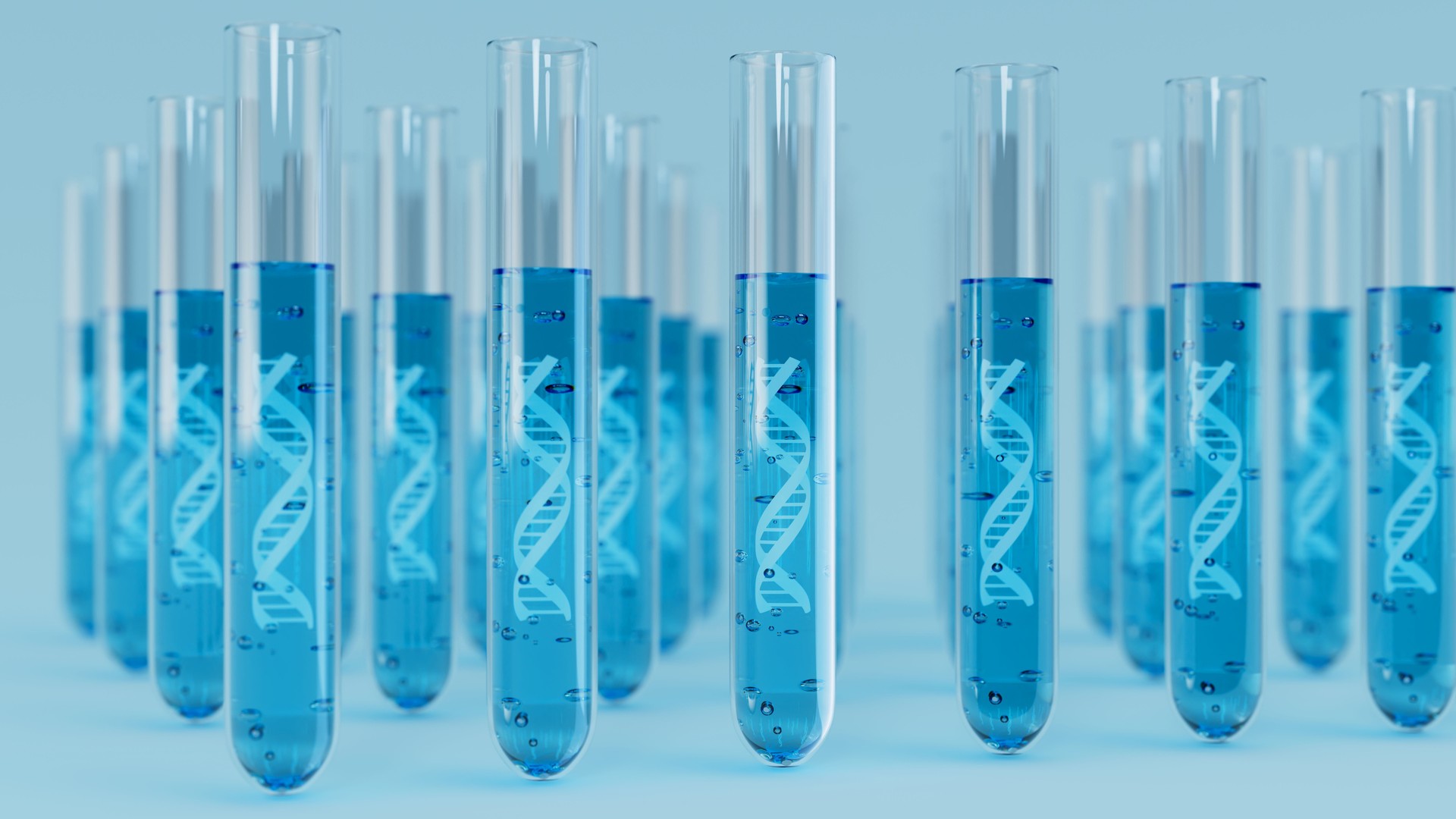 Row of Test tubes with DNA double helix strand inside on blue background. science and biotechnology concept. 3d render illustration